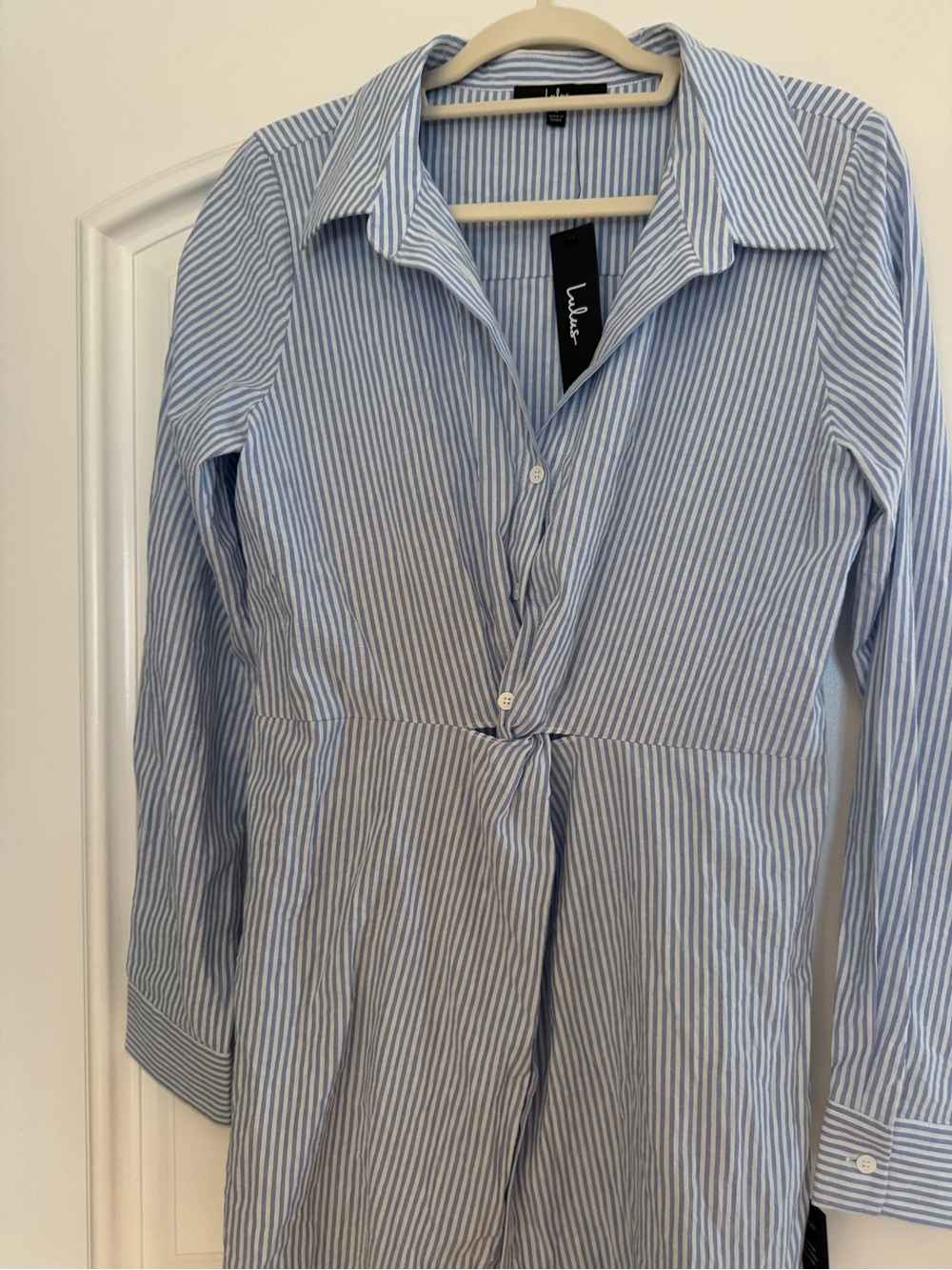 Lulus Seersucker Blue Stripe Button-Front Women's Shirt Dress